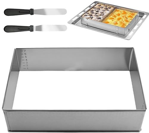 Backrahmen Rechteckig, 8cm hohe Backform Rechteckig verstellbar Edelstahl, Backrahmen Eckig mit Graduiert und Spatel, Wiederverwendbar Kuchenform eckig für Kuchen Torten Pizza Backen und Dekorieren