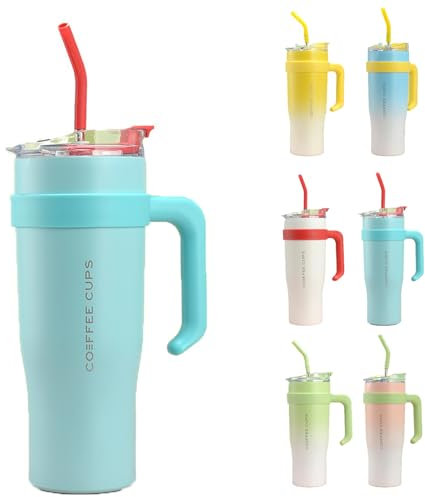 40oz Tumbler with Straw Lid and Handle, Stainless Steel Coffee Travel Insulated Cup Mug, Cup Travel Mug Water Bottle Thermos for Hot and Cold Coffee (Blue)