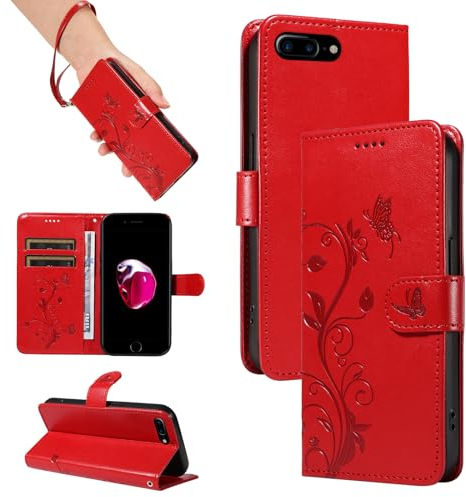 SRISHP Hülle für iPhone 8 Plus/iPhone 7 Plus Hülle, Premium PU Leder Handyhülle mit Band, Magnet Flip Case für iPhone 8 Plus/iPhone 7 Plus, Rot