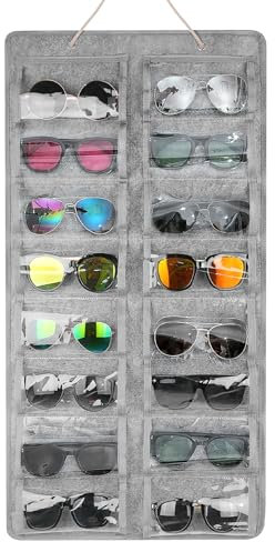 LYCN Hanging Sunglasses Storage, Jewelry Organizer Display Stand with 16 Clear Pockets,Wall Pocket Glasses Organizer, Wardrobe Holder Bag for Eyeglass Earrings Necklaces Makeups (Grey)