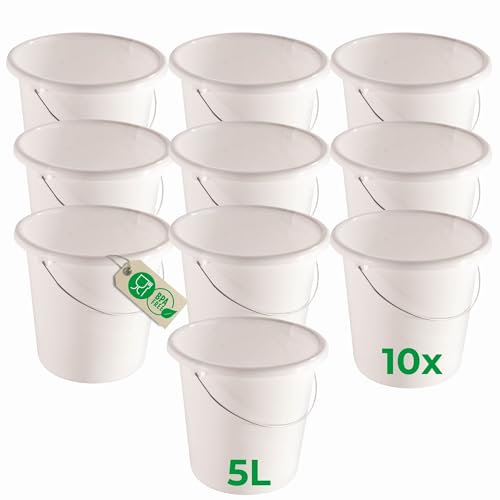 Novaliv 10 Stück Eimer 5L Weiß mit Maßeinteilung - Putzeimer 5 Liter ? 22,5 cm Praktischer Allrounder mit Skala für Haushalt & Garten ideal als Haushaltseimer, Wassereimer, Wischeimer, Bucket