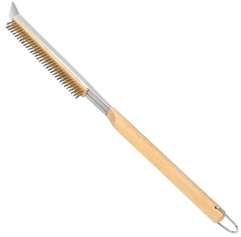 Cepillo para horno de pizza de 21 pulgadas con raspador de piedra de acero inoxidable, cerdas de latón, mango de madera, anillo colgante, accesorios para horno de pizza al aire libre, compatible con