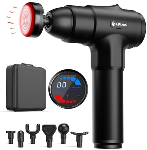 Pistolet de Massage Musculaire,AERLANG Pistolet de Massage avec Chaleur,Silencieux Masseur Cervical Massager Gun avec 20 Niveaux Réglables,Charge de Type-C Cadeau Anniversaire Femme&Homme