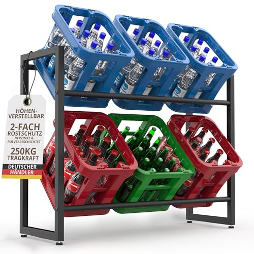 Getränkekistenregal 6 Kästen 2x3 Kisten 84x104x32 höhenverstellbar Metall verzinkt schwarz standfest freistehend Getränkeregal Kistenregal 2 Ebenen Getränkekistenständer Stellfüße Wasserkistenregal
