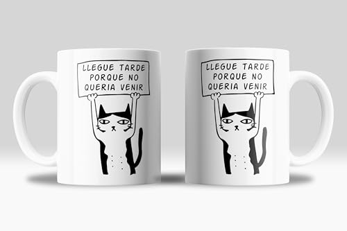Taza graciosa gato borde frase: Trabajo duro para que mi gato viva mejor - Taza gatos graciosos de 350ml - Taza regalo humor sarcástico (llegue tarde porque no queria venir)