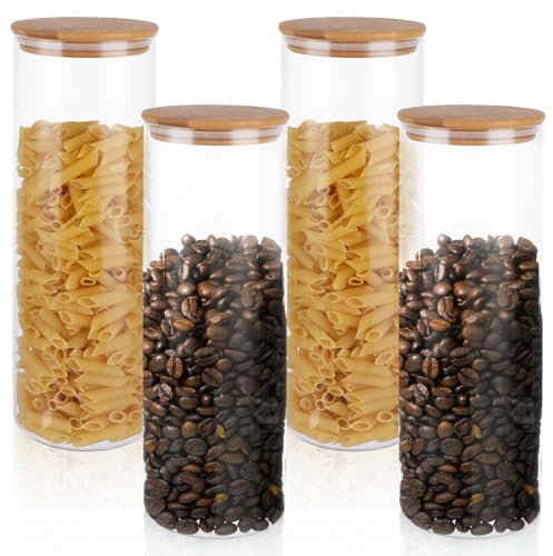 WOPPLXY 4PCS Glass Spaghetti Storage Jars with Bamboo Lids 2000ml - Pasta Storage Jars with Lid - Airtight Food Storage Container Jar for Pasta,Cereal, Flour, Tea, Coffee Bean