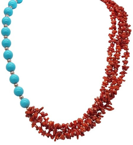 sicilia bedda - Collana in Corallo Rosso del Mediterraneo con Turchese ed Ematite - Argento 925 Placcato Oro Rosa