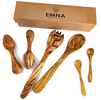EMNA - Set aus Oliven-Holz : Salat-Besteck + 2 Zitronenpressen + 2 Löffel | Inklusive Geschenk-Box | Gabel | Geschenke Idee | Weihnachten | Einzug | Geburtstag | Frauen | Mama | Oma | Freundin | Mann
