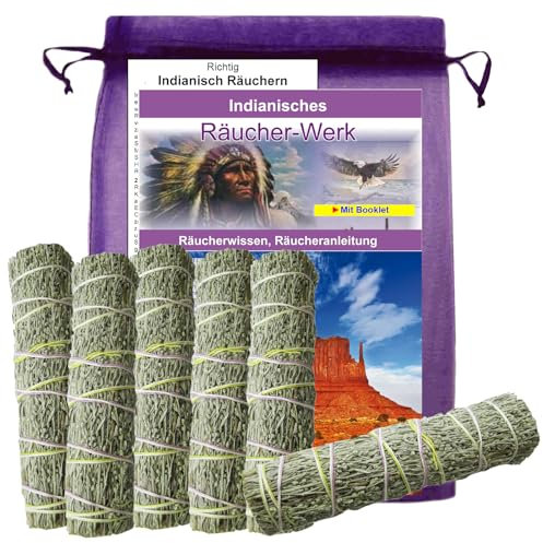 Beifuß räuchern 6X Präriebeifuß Wüstenbeifuß Smudge Bündel Räucherbündel 9-TLG Räucherset mit Booklet, Räucherwerk zum schamanisch räuchern, Anleitung, Beschreibung, Täschchen 81303