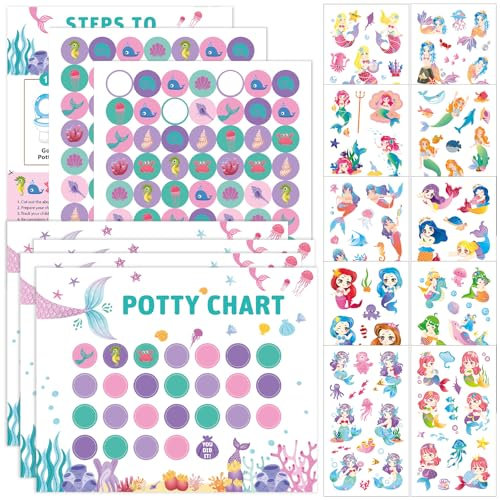 10 Stück Belohnungstafel Kinder Töpfchen, Enthält 280 Aufkleber, 40 Klebepunktaufkleber Und 10 Meerjungfrau-Tattoo-Aufkleber, Potty Training Reward Chart Geeignet Für Jungen Und Mädchen (Meerjungfrau)
