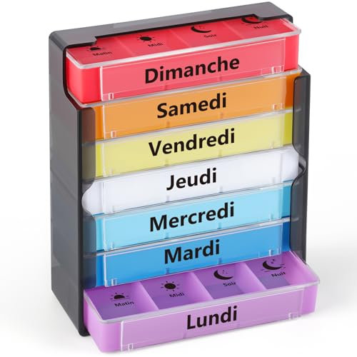 Opret Pilulier Semainier Français (Matin, Midi, Soir et Nuit) - Petits Empilables Tour à Médicaments 7 Jours 28 Compartiments 4 Fois, pour Vitamines Suppléments Pilules (Coloré-Noire)