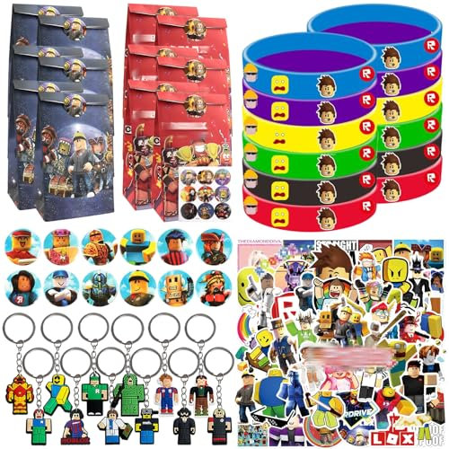 Videospiel Party Mitgebsel Kindergeburtstag, 98 Pcs R-oblox Kindergeburtstag Gastgeschenke, Give Aways Kindergeburtstag mit R-oblox Armbänder Schlüsselanhänger Aufkleber Geschenktüten Anstecker