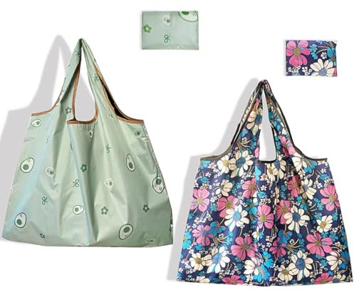 zffkz 2 Stück Umweltfreundliche Faltbare Einkaufstaschen - Leicht, Wasserdicht, Wiederverwendbar & Stilvoll, Hält 15kg, Kompaktes Design für Lebensmittel, Reisen, Arbeit