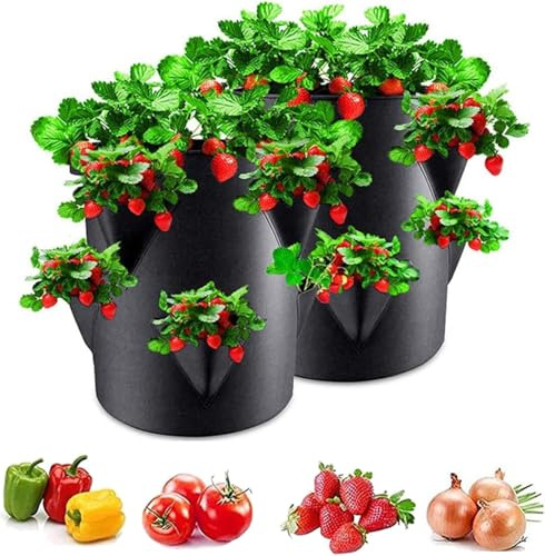 Erdbeerturm Pflanzsack Erdbeeren Pflanzen Topf mit 8 Seitlichen Pflanztaschen, 45 x 35 cm Pflanzbeutel für Erdbeeren Knoblauch Zwiebeln Kräuter (2 Stc)