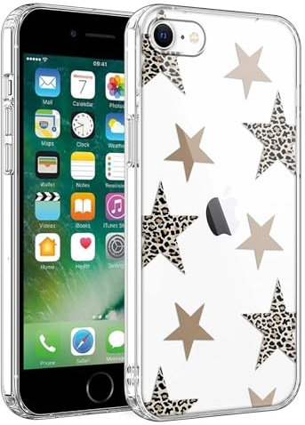 Phoona Transparent Black Gold Star Print Phone Case for iPhone 8/SE 2022/7/SE 2020 4.7,with Aesthetic Design Pattern Clear Cover,Soft Shockproof Protective Funda Bumper Girls Women Cases,for iPhone 7