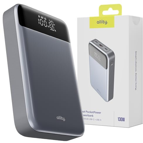 Allity Powerbank 20000mAh 130W Gris - Batería externa compacta con USB-C para ordenador portátil y smartphone - Función de carga rápida - Carga simultánea de 3 dispositivos - Cable USB-C incluido