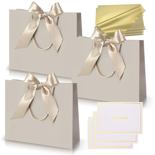 Medium Champagne Gold Gift Bags for Present,Paper Party Bags with Handles,3Pcs Birthday Gift Bag with Ribbons 6 Tissue Paper 3 Cards for Women Men Bridesmaid Wedding Valentines Christmas Birthday