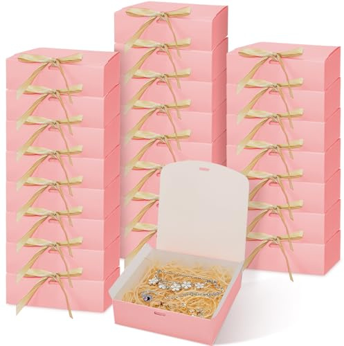 30 Pack Small Pink Gift Boxes with Lids, 16 cm Favour Boxes with Ribbons | Square Cardboard Present Boxes Bulk for Jewellery, Bridesmaid Proposals, Weddings, Hen Parties, Packaging & Small Business
