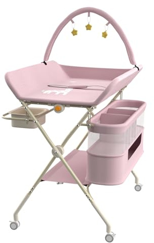 homewell Baby Wickelkommode mit Spielzeugregal Klappbarm, Tragbare Wickelunterlage, Baby Wickelkombi, 5 Stufen verstellbare Höhen, Baby Badewanne & Wickelkommode, 80 * 73*(86-94)+30 cm (Rosa)