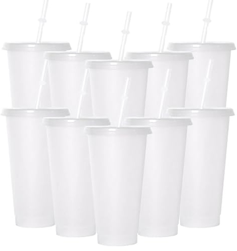 Punklong 10 Pack Clear Plastic Cups with Lids and Straws,24 oz Reusable Clear Plastic Tumblers,Party Tumbler Cup Iced Coffee Cup Travel Mugs for Adult Kid Women Party and Beach
