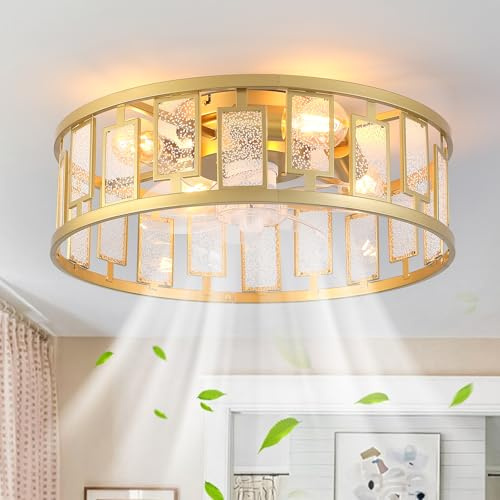 Ganeed Caged Ceiling Fan with Lights and Remote Gold Square 4 Lights | Crystal Style Farmhouse Ceiling Lighting Low Profile Ceiling Flush Mount Lamp E27 with Remote Control