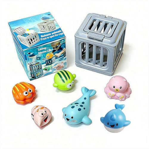 Underwater Dive Rescue Toys Pool Diving Game Set with 6 Ocean Animals & Dive Cages Floating Sinkies for Kids Swim Training Summer Bath Toys for Boys Girls Beach Water Treasure Chest Party Gift