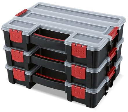 famuka Plastic Storage Box Stackable Organiser Case | with Adjustable and Removable Divider Compartment for Tools, Small Items, Jewelry - 3 Boxes