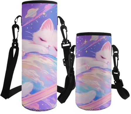 ASQVTIFE Cute Cat Water Bottle Carrier Insulated Neoprene Planet Cat Water Bottle Sleeve School with Adjustable Shoulder Strap for 500ml Steel/Plastic Bottles Energy Drinks Animal Designs L