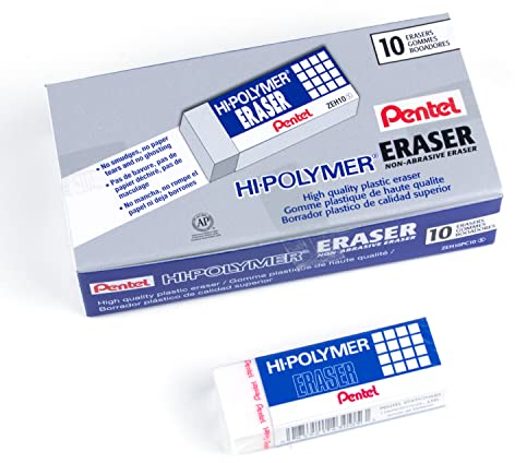Pentel Hi-Polymer Block Eraser, Large, White, Pack of 10 ZEH-10 Erasers (ZEH10PC10)