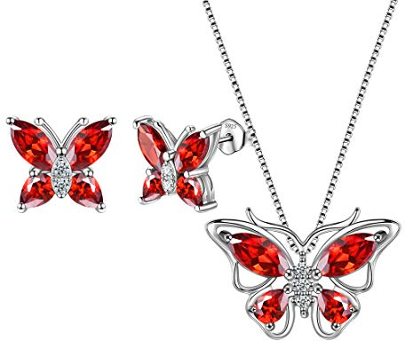 Aurora Tears Schmetterling Halskette/Ohrringe Set 925 Sterling Silber Januar Birthstone Red Granat Schmuck Set Tiere Schmuck für Frauen und Mädchen DS0045J