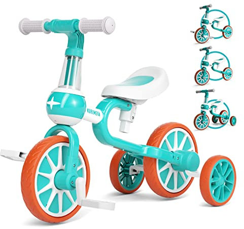 KORIMEFA 4 in 1 Laufräder Laufrad Kinderdreirad Dreirad Lauffahrrad Lauflernhilfe für Kinder ab 1 Jahre bis 4 Jahren (Grün)