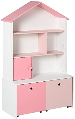 HOMCOM Kinderregal mit Rollen Standregal Bücherregal Dekoregal mit 4 Fächer Rosa 80 x 34 x 130 cm