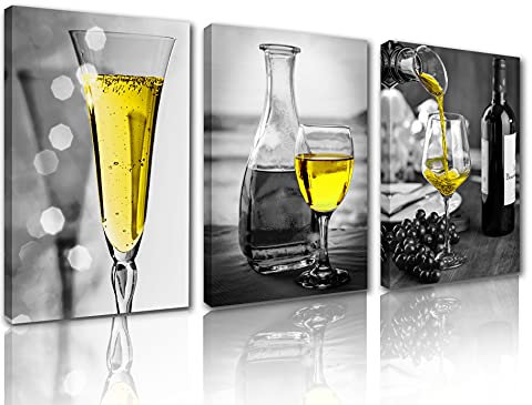 Tucocoo Kitchen Wall Art - Black & White Paintings, Grape & Wine Pictures, 3 Framed Canvas Art Ready to Hang (42x20 inches)