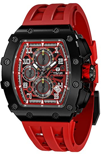 TSAR BOMBA Herrenuhr Luxus Tonneau Carré 50M Wasserdicht Edelstahl Saphir Chronograph Datum Multifunktions Japanisches Quarzwerk Mode Einzigartiges Design Cool Silikonband Elegantes Geschenk Uhr