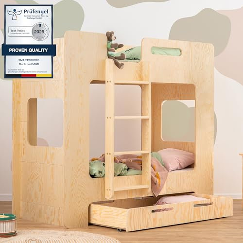 SMARTWOOD Kinderbett Mimi DL - Leiter Links Etagenbett 100x200 mit Lattenrost und Rausfallschutz - Kinderbett mit schubladen - Montessori Bett mit Rausfallschutz und Lattenrost - Naturalholz 100x200