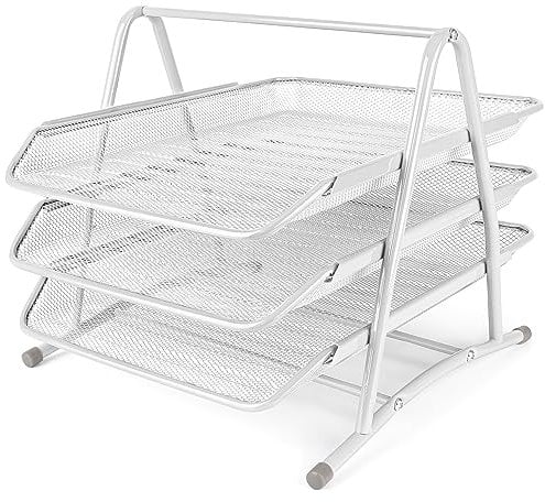 Belle Vous White Mesh 3-Tier Letter Tray Organiser - Metal A4 Office Desk Tidy File Holder Rack - Document/Paper Filing Storage Shelf for Office, Desktop/Table, Home, Study or School