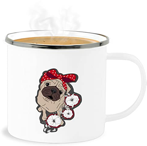 Emaille Becher Blechbecher - Tasse Kind Geschenk für Kinder - Pug Mops - 300 ml - Weiß Silber