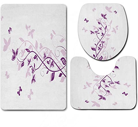 Weich Badematten & Badteppiche Set 3 teilig Mikrofaser rutschfest Badezimmerteppich,Lila violetter Baum, der persische Flieder-Blüten mit Schmetterling,Maschinenwaschbar Badvorleger und Toilettenmatte