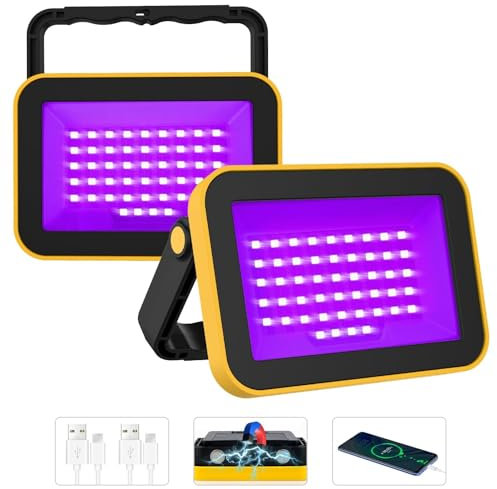 T-SUN Halloween 40W UV Black Light, 49LED UV Blacklight Flood Light with USB Rechargeable IP66 Waterproof 5200mAh Magnetic Suction for Glow Party Body Paint Fluorescent Colour