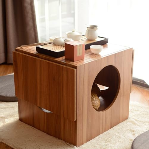 SanzIa Japanese Tatami Low Table, Foldable chess board coffee table, Multi-functional Chess/Go Table with 2 Cushions & storage shelf