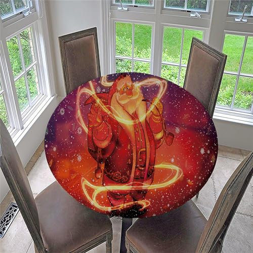 Chickwin Weihnachten Runde Tischdecke, wasserdichte Abwischbare Tischtuch mit Gummiband, mit 3D Weihnachtsmann-Druck, Stehtisch Hussen für Drinnen und Draußen (Für Tisch 80-90 cm,Stil F)