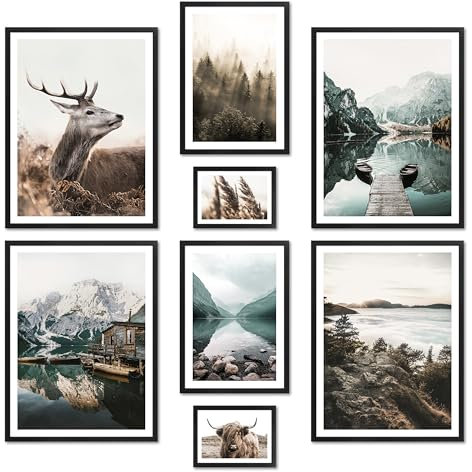 ARTFAVES® Poster Set - MYSTI RIVER - mehrteilige Wanddeko Wohnzimmer & Schlafzimmer - 8 moderne Wandbilder Pragser See, Wald, blau, braun, Berge, Hirsch, Dolomiten - mit Rahmen Schwarz