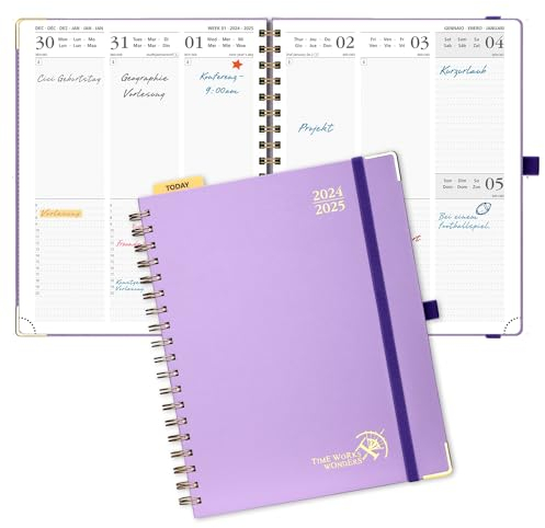 POPRUN Kalender 2025 Buchkalender (Aug.2024-Dez.2025) Ringbuch mit Hardcover, ca. A4 (25,5 x 20,5 cm), 17-Monate-Terminplaner, Wochenplaner 2025 mit Plastiklineal - Violett