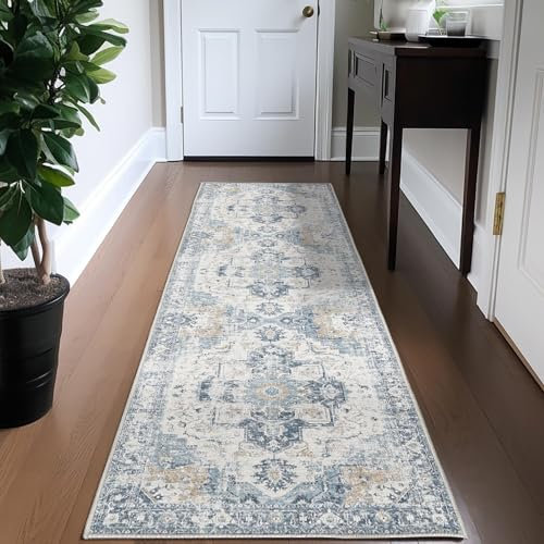 TOPICK Läufer 60x180cm Blau Flur Floral Teppich Waschbar Superdünne Faltbar Vintage Blumenteppich Kurzflor Orientalischer Küchenteppich Eingangsmatte Büro Teppichläufer