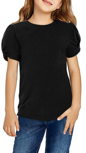 Arshiner Girls T-Shirts Puff Sleeve Kids Summer Round Neck Short Sleeve Tops Casual Cotton Fashion Tee Shirt for Girls 9-10 Years Black