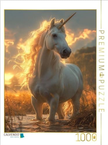 CALVENDO Puzzle Sonnenuntergangszauber: EIN weißes Einhorn am malerischen Strandufer | 1000 Teile Lege-Größe 48 x 64 cm Foto-Puzzle für glückliche Stunden