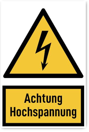 Aufkleber: 300x200 mm, 1 Stück - Achtung Hochspannung - Warnzeichen mit Text (deutsch) (gelb/schwarz) - hochkant - W012 - DIN EN ISO 7010 / ASR A1.3
