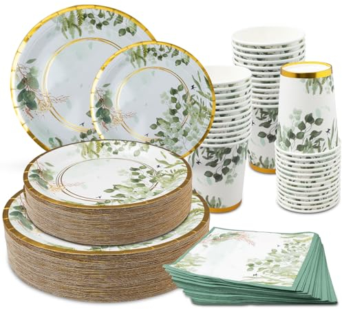 200Pcs Sage Green Paper Plates, Birthday Party Dinnerware, Disposable Tableware Include 9'' Paper Dinner Plates, 7'' Side Plates, Cups and Napkins for Wedding Engagement, Baby Shower- 50 Guests