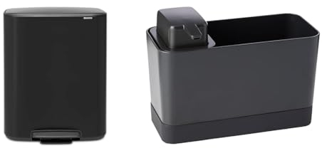 Brabantia Poubelle à pédale de recyclage, acier, noir mat, grande (2 x 30 l) & Kit pour Organiser Son Espace évier, Organiseur et Distributeur de Savon - Dark Grey