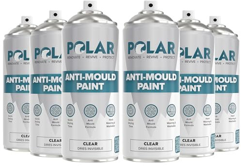Polar Anti Mould Spray Paint Clear - 6 x 400ml | Invisible Mould Resistant Paint for Internal Bathroom, Kitchen Walls & Ceilings | Long Lasting Protection for Indoor Use | Easy To Apply